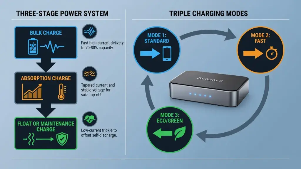 Buffalo 3: Charge Features, Three-Stage Power System, and Triple Charging Modes Explained